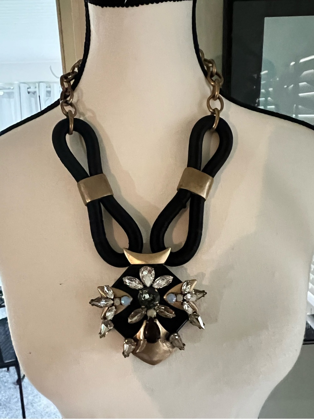 Vintage J Crew statement black cord pendant necklace.